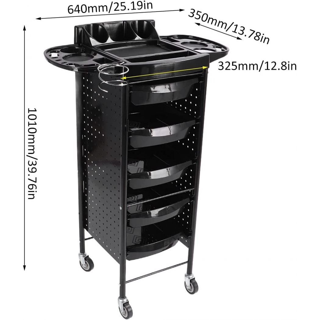 Salon Tray on Wheels Cart Black Space Saving Extra Storage Salon Trolley 